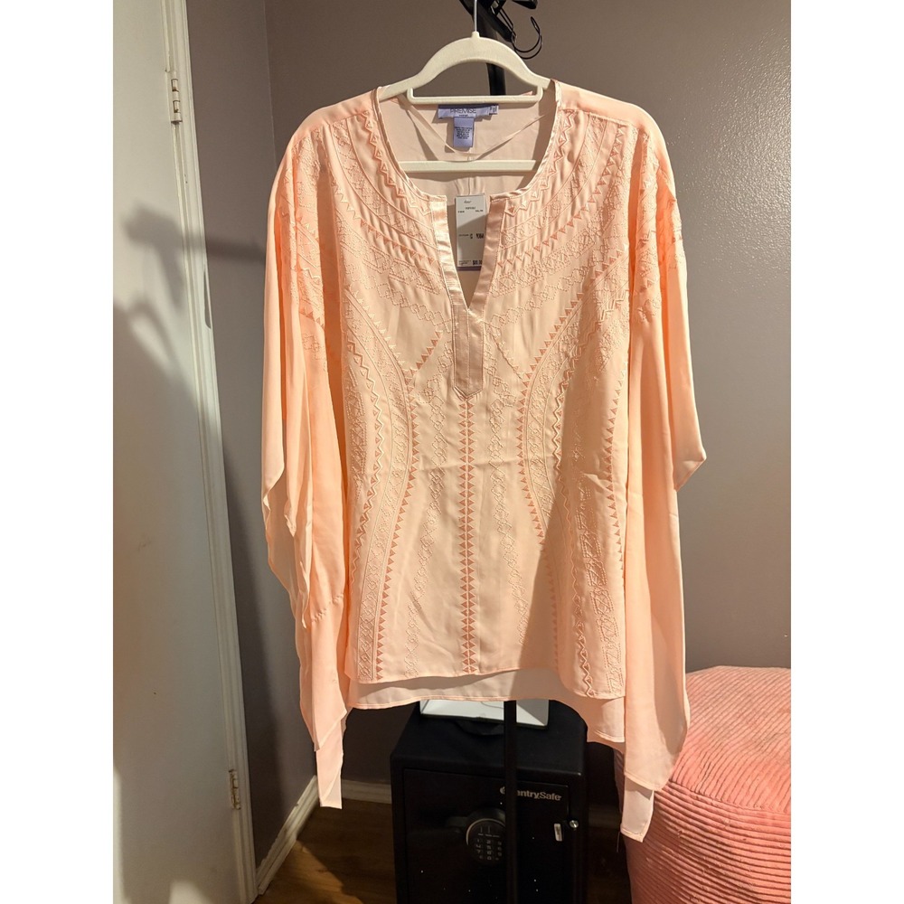 Premise Peach Lined and Embroidered Blouse, Flared Sleeves Sz 1X, NWT